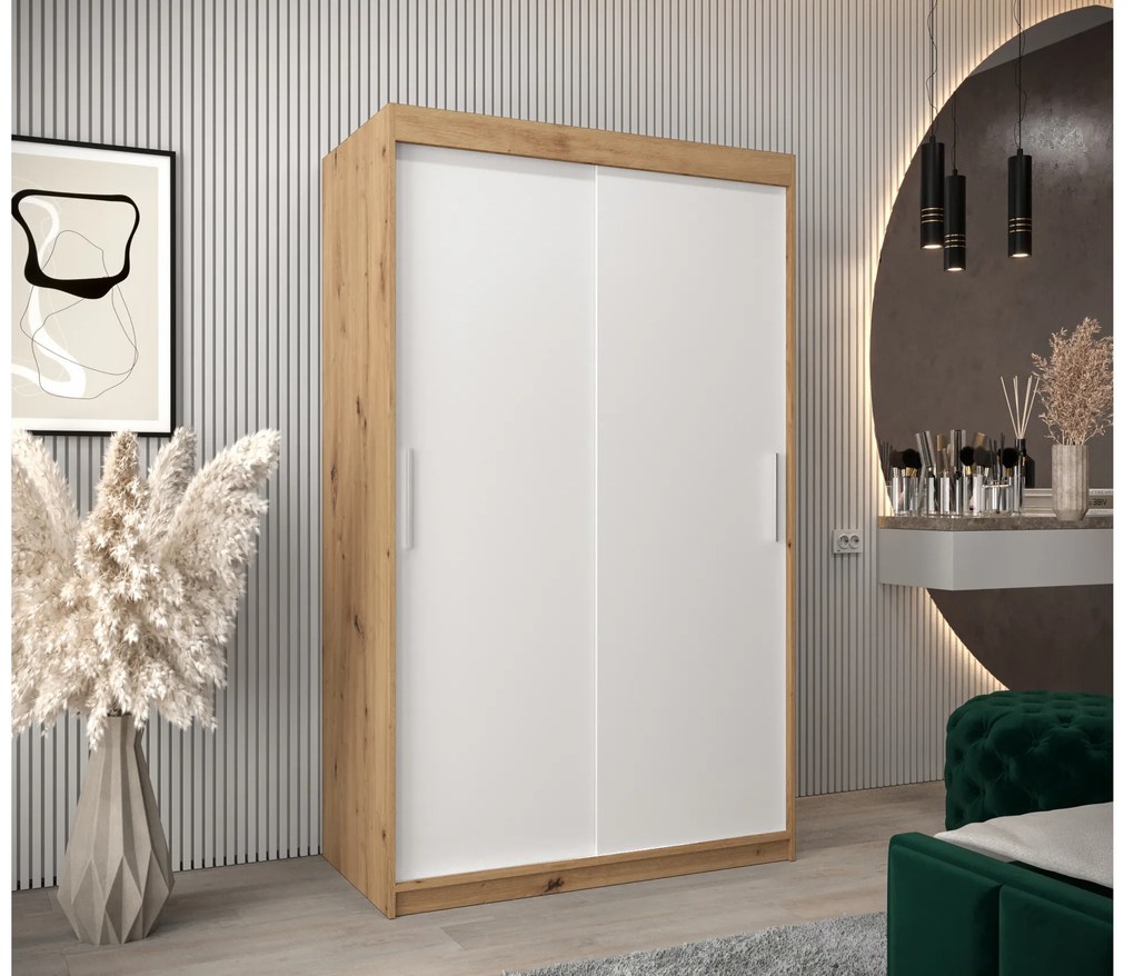 Šatníková skriňa 120 cm Toki (Dub artisan + Biela matná). Akcia -42%. Vlastná spoľahlivá doprava až k Vám domov. 1064811
