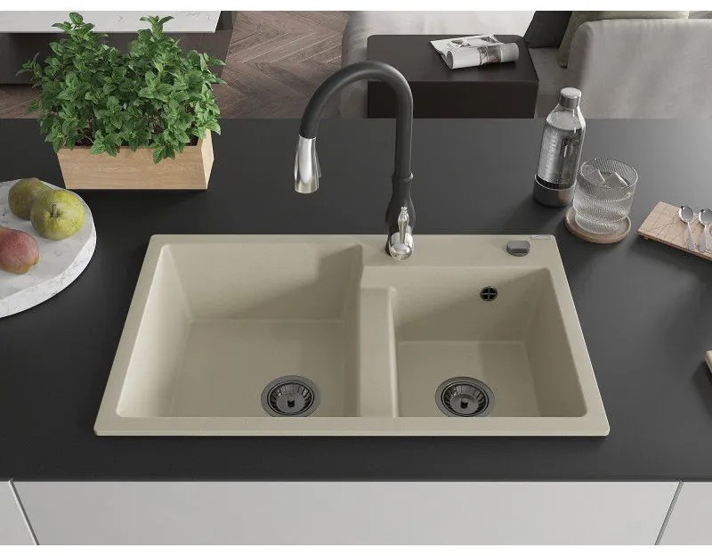 Mexen Tomas, granitový drez 800x500x190 mm, 2-komorový a drezová batéria Savita, béžová, 6516-69-672601-70