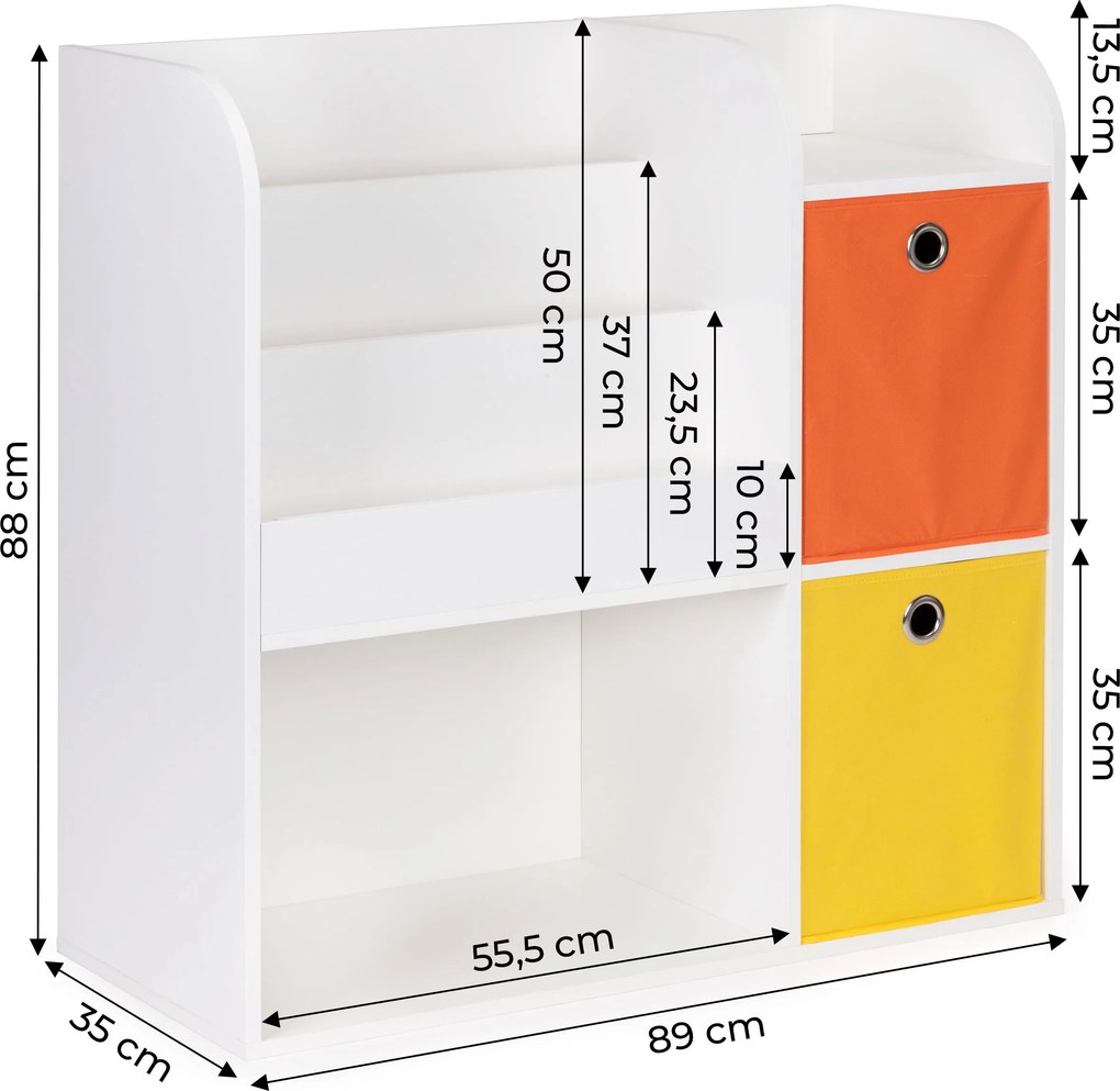 Detský regál ECOTOYS 89×35×88 cm, biely s poličkami a 2 textilnými košmi