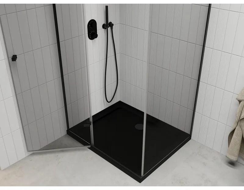 Mexen Roma, sprchovací kút s 1-krídlovými dverami 120 (dvere) x 80 (stena) cm, 6mm číre sklo, čierny profil, slim sprchová vanička 5cm čierna s čiernym sifónom, 854-120-080-70-00-4070B