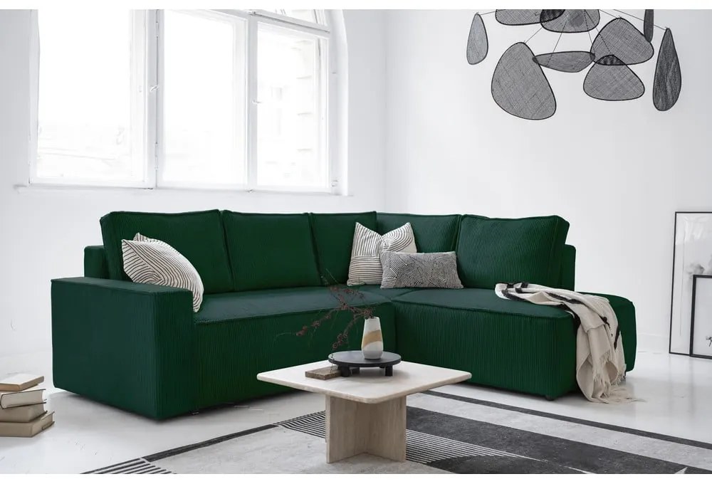 Tmavozelená menčestrová rozkladacia rohová pohovka (pravý roh) Brave Dave – Miuform