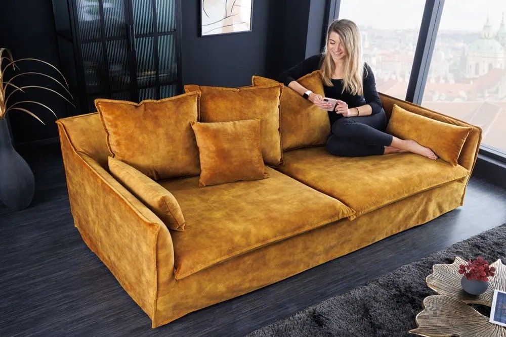 Invicta Interior - Pohovka 3-miestna HEAVEN 210 cm, zamat, odnímateľný poťah, horčicovo žltá