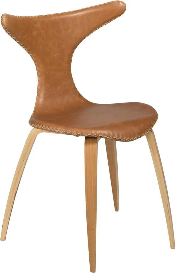 Hnedá kožená jedálenská stolička s prírodnou podnožou DAN–FORM Denmark Dolphin