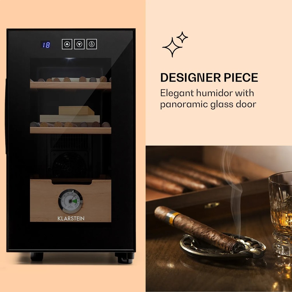 Klarstein El Presidente 23, humidor na cigary, 23 l, 45 W, dotykové ovládanie, bukové drevo, LED