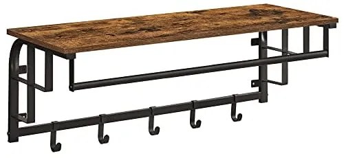 Nástenný vešiak s policou, 5 háčikov, čierna, tmavo-hnedá farba,  27x80x30cm