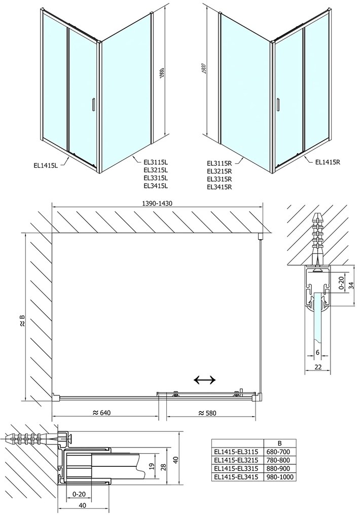 Polysan Polysan, Easy Line obdĺžniková sprchová zástena 1400x700mm L/P varianta, EL1415EL3115