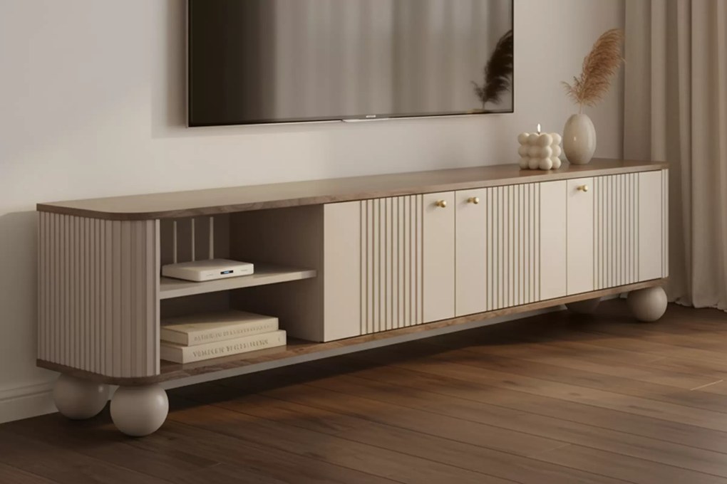TV stolík Vesper 3D 187 cm - kašmír / orech / zlaté úchytky / guľaté nohy