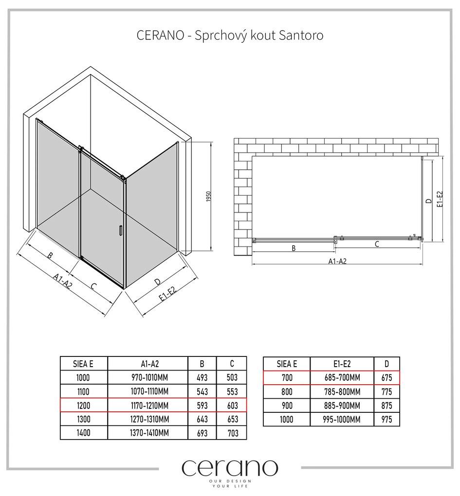 Cerano Santoro, sprchovací kút s posuvnými dverami 120(dvere) x 70(stena) x 195 cm, 6mm šedé sklo, čierny profil, CER-CER-425470