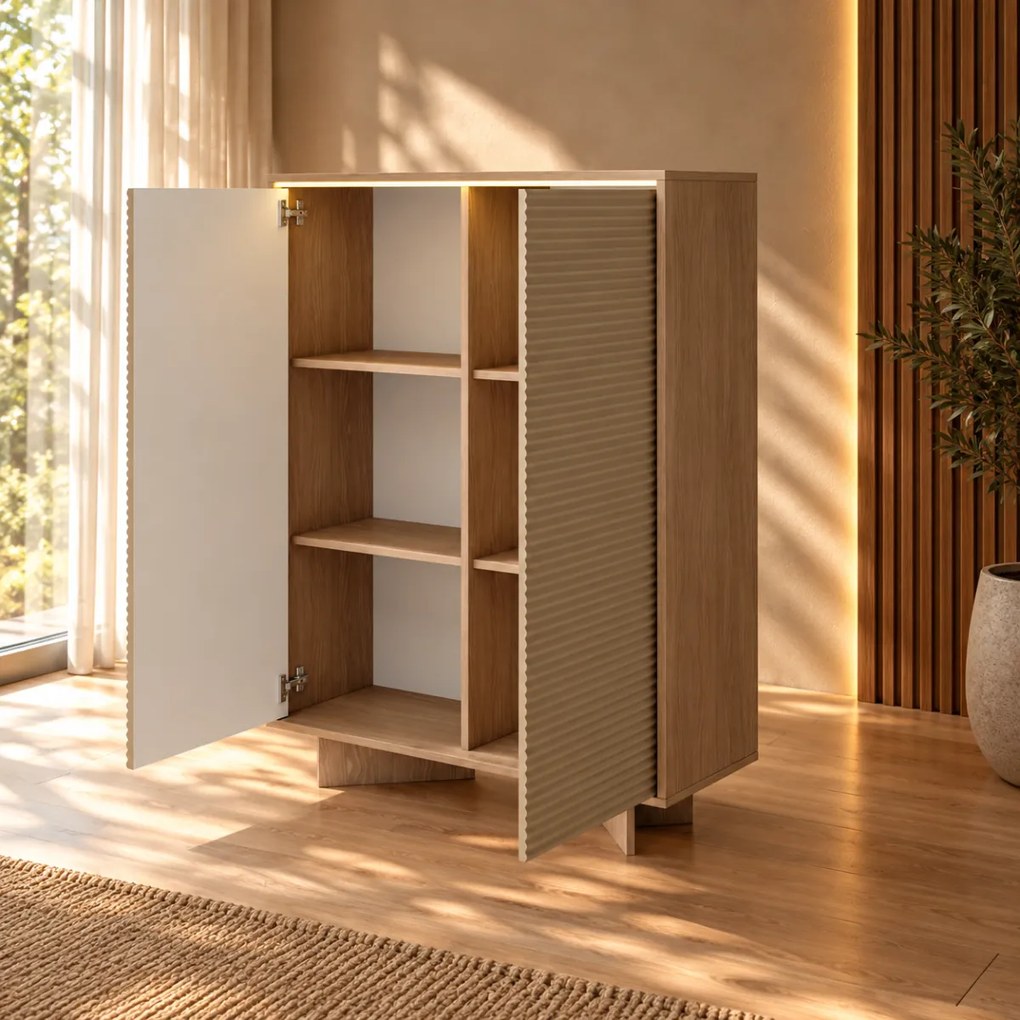 VYSOKÁ KOMODA GALLIANO DUB BOLIVAR + CAPPUCCINO LED 104 cm