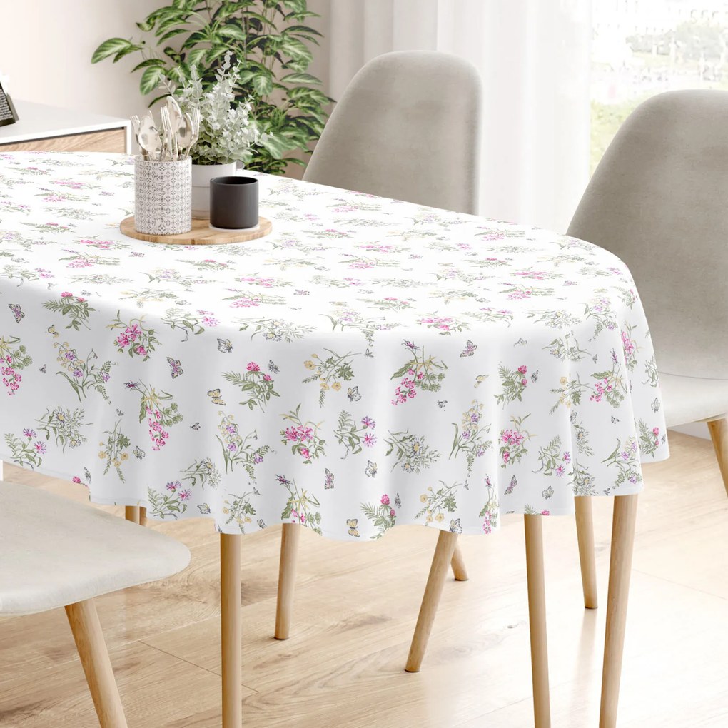 Goldea oválny obrus 100% bavlnené plátno - farebné lúčne kvety na bielom 120 x 200 cm