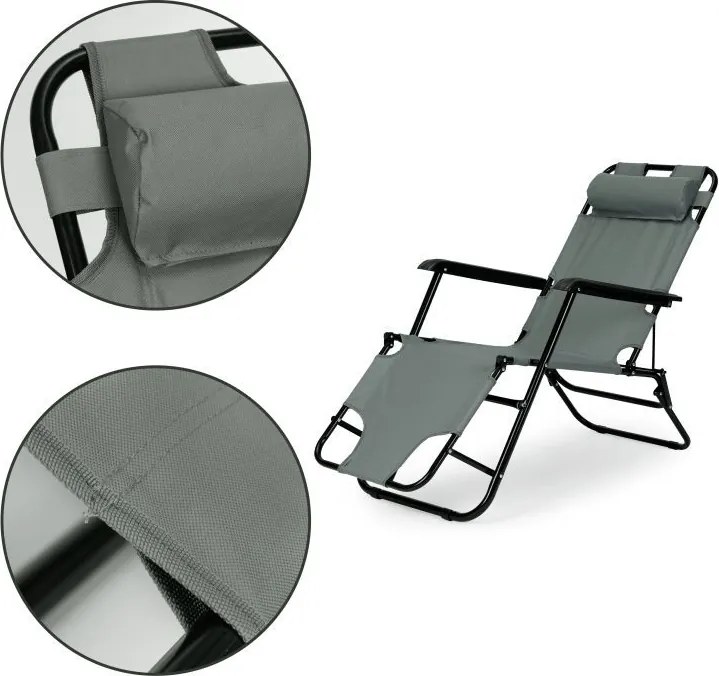 Ležadlo s opierkou hlavy, skladacia konštrukcia, sivé