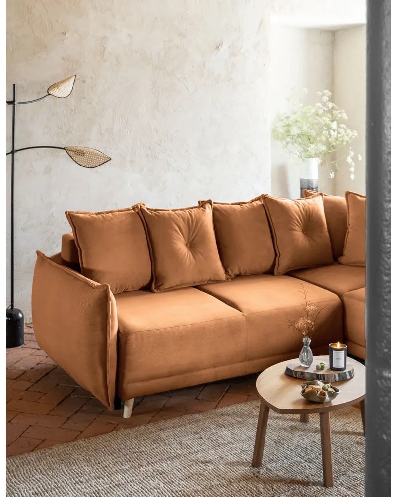 Menčestrová rozkladacia rohová pohovka v tehlovej farbe (pravý roh) Lazy Lukka – Miuform