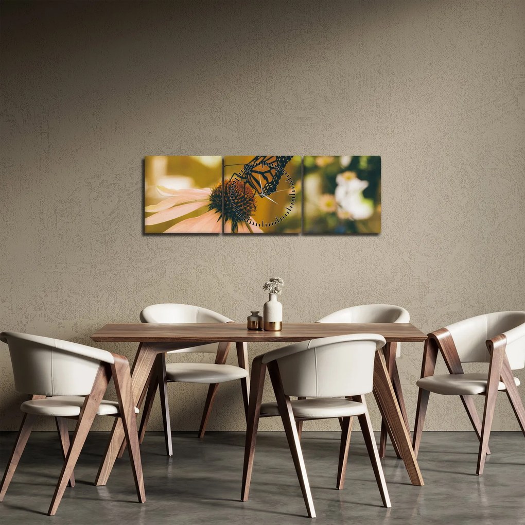 Obraz motýľa na kvetine (s hodinami) (90x30 cm)