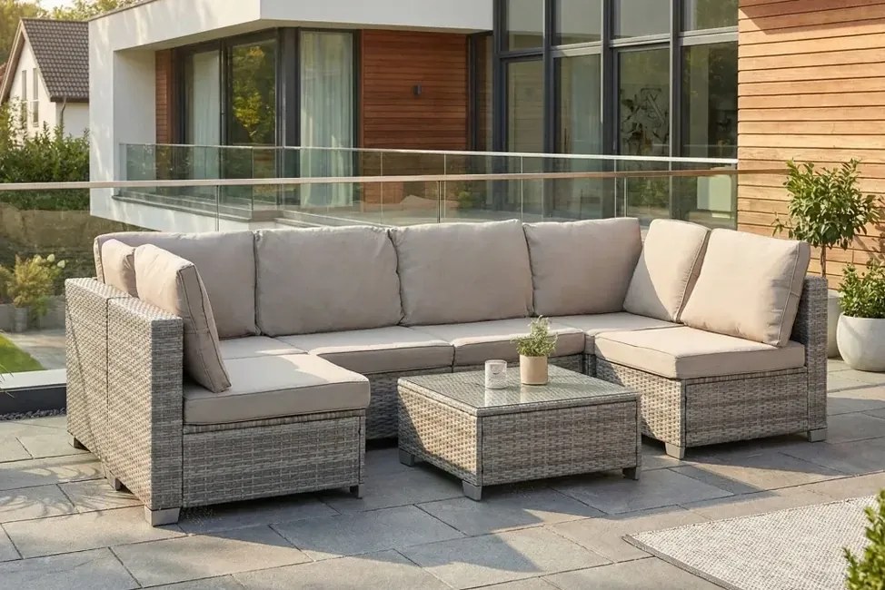 Záhradné ratanové sedenie Rhodos Sivé s béžovými poduškami