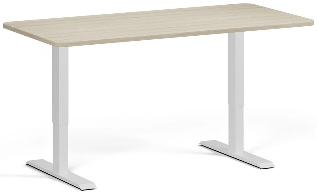 Výškovo nastaviteľný stôl, 160x80 cm, 1 motor, zaoblené rohy, sivá podnož, dub prírodný