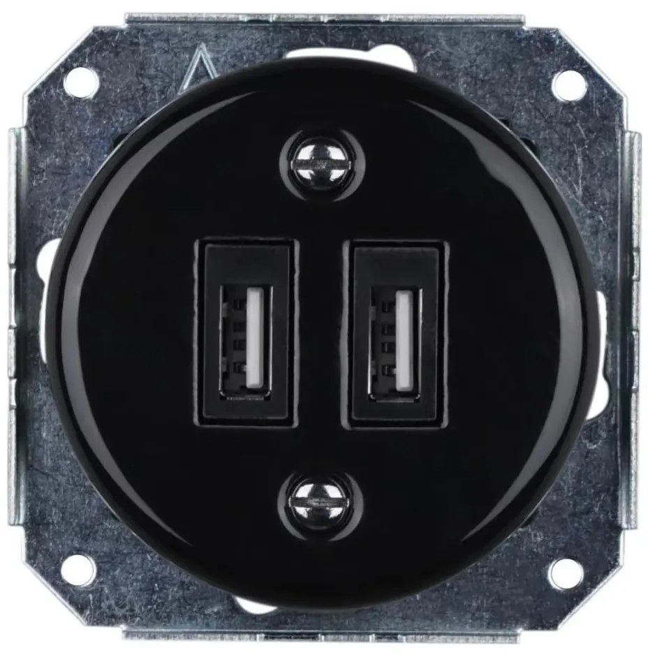 Bohemia-Design - porcelánová retro USB napájacia zásuvka bez rámčeka 2x USB-A čierna