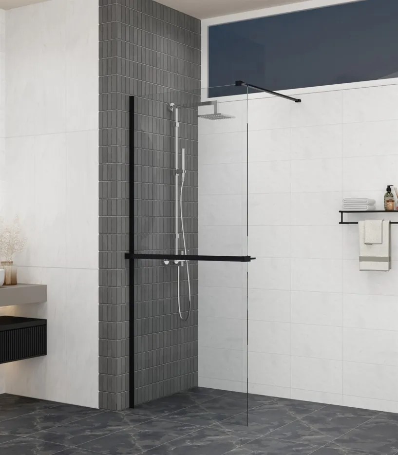 Erga Paris, sprchová zástena Walk-In 140x200 cm, 8mm šedé sklo, čierny profil, ERG-V02-PARIS-140x200-GR-BK