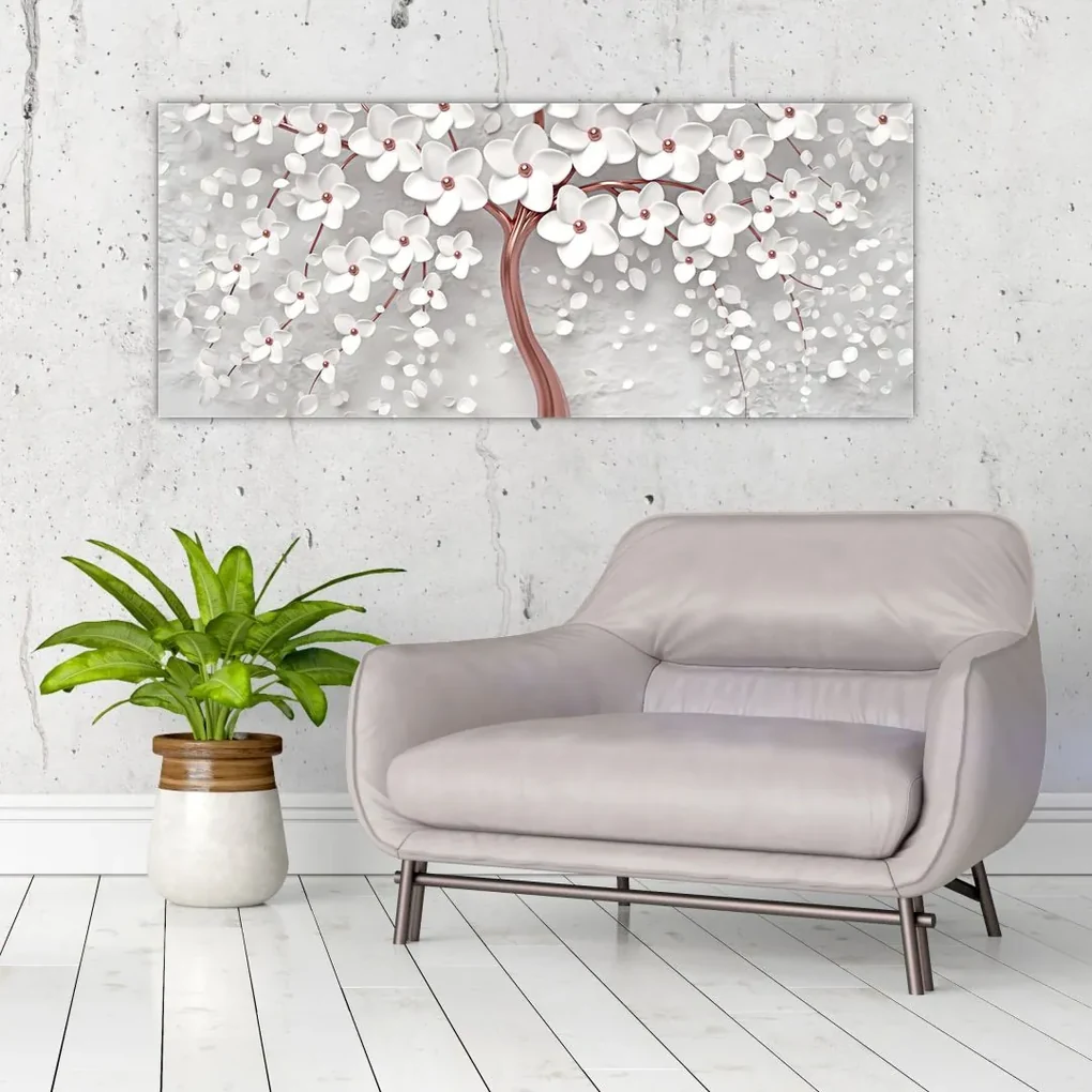 Obraz - Obraz bieleho stromu s kvetinami, rosegold (120x50 cm)