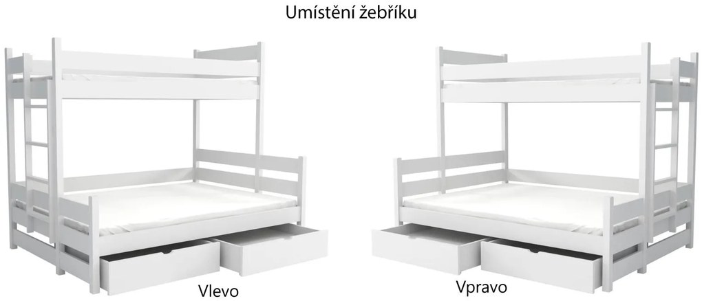 Detská poschodová posteľ z masívu borovice s rozšíreným spodným lôžkom BERTA so šuplíkmi - 200x90/140 cm - BIELA