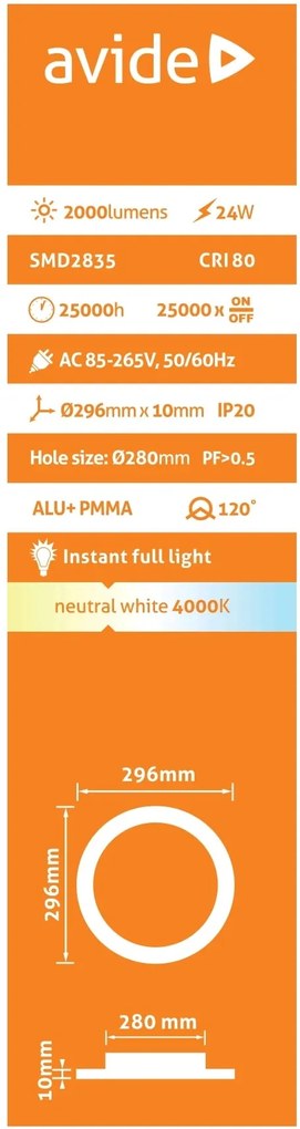 AVIDE Zápustný LED panel, 24W, denná biela, 30cm, okrúhly, biely