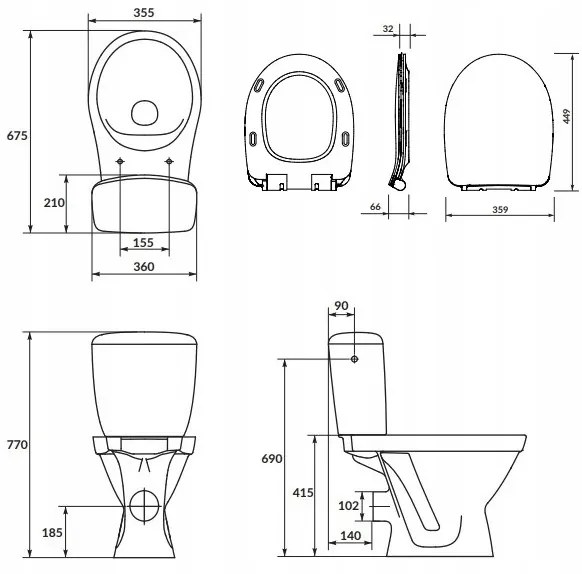 Cersanit Cersania SimpleOn 010 - WC kombi 3/6l + Slim sedátko s pomalým zatváraním z duroplastu, horizontálny odpad, biela, K11-2338