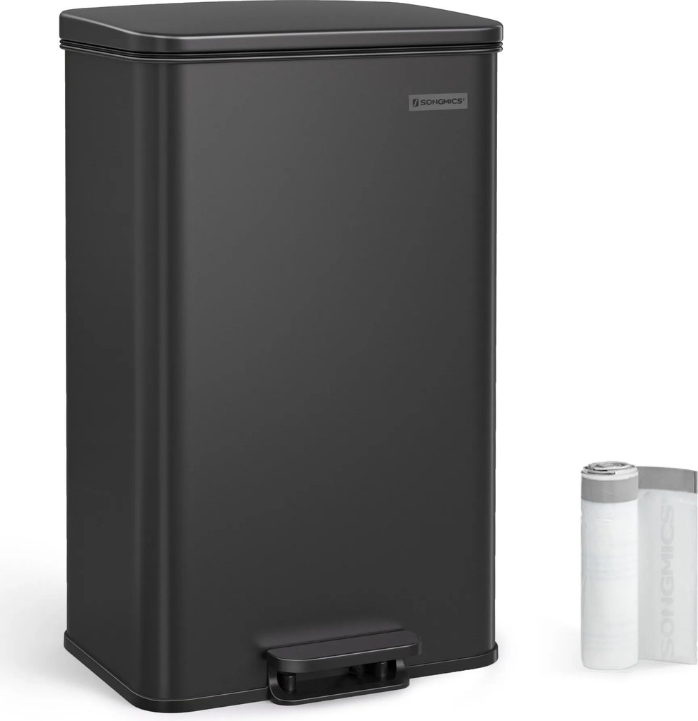 Kuchynský oceľový odpadkový kôš, 40 l, s vekom, 15 vreciek v balení, čierny