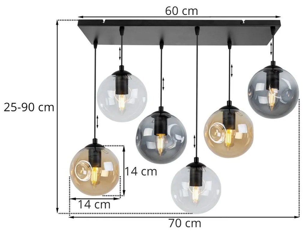 Závesné svietidlo MONAKO, 6x sklenené tienidlo (mix 3 farieb)