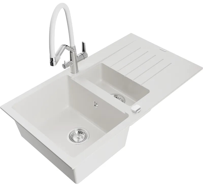 Mexen Matias, 1,5-komorový granitový drez 900x505x200 mm a drezová batéria Duo, biela, 6502-20-671701-02