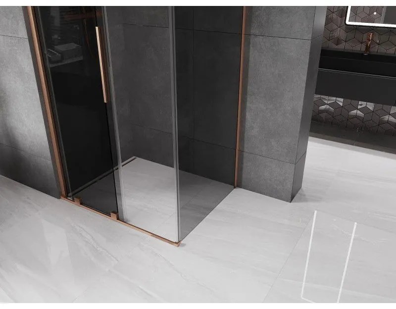 Mexen Velar, sprchový kút s posuvnými dverami 90 x 85 cm, 8mm šedé sklo, medená matná, 871-090-085-41-65
