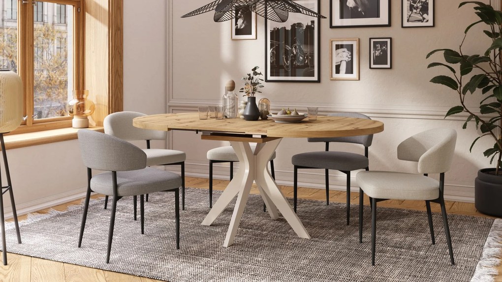 RENZO Dub Artisan/béžová noha (šampanské) - OKRÚHLY STÔL Ø110 ROZKLADACÍ DO 180 cm | DO KUCHYNE JEDÁLNE OBÝVAČKY RETRO