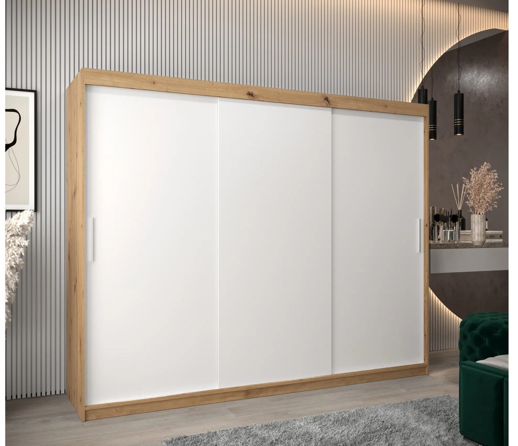 Šatníková skriňa 250 cm Toki (Dub artisan + Biela matná). Akcia -43%. Vlastná spoľahlivá doprava až k Vám domov. 1064867