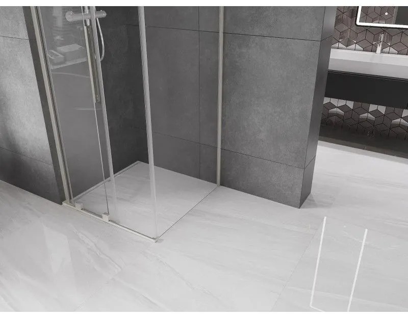 Mexen Velar L, sprchový kút s posuvnými dverami 90 x 90 cm, 8mm číre sklo, brúsená oceľ, 871-090-090-03-97