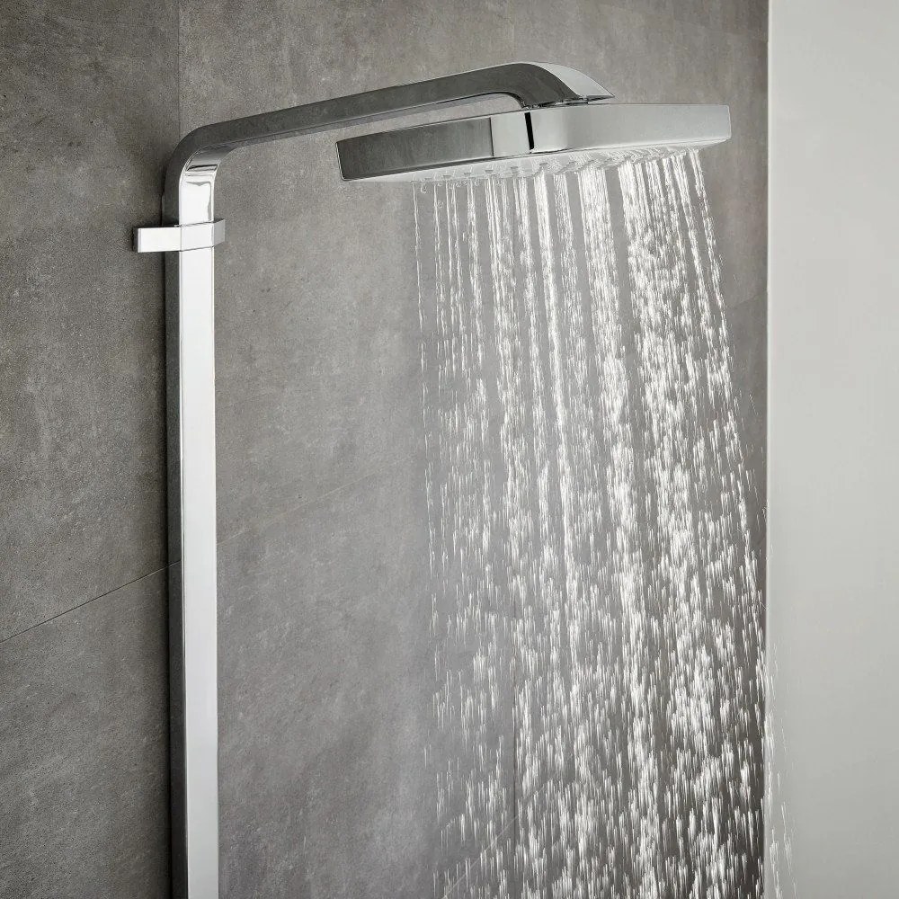 HANSGROHE Raindance Select E Showerpipe nástenný sprchový systém s termostatom ShowerTablet Select 300, horná sprcha 3jet 318 x 190 mm, ručná sprcha 3jet, biela/chróm, 27127400