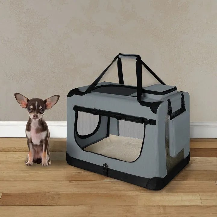 Skladací prepravný box pre psov, sivý, s posteľou, veľkosť S