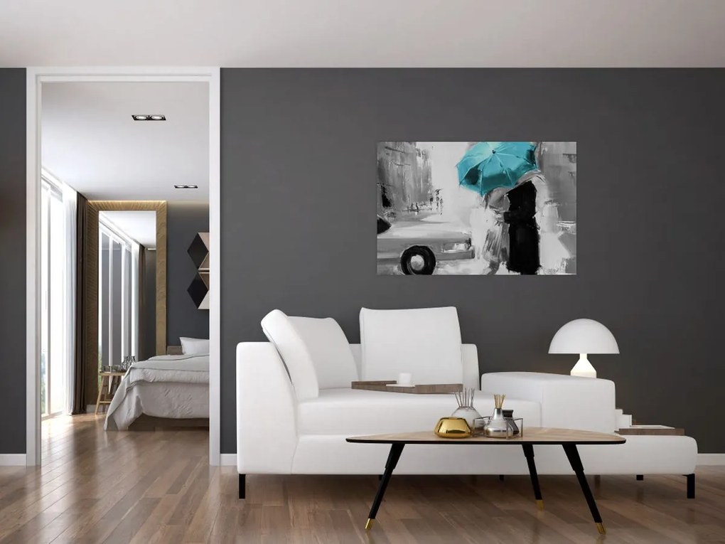 Obraz - Zamilovaný pár s dáždnikom, modrý (90x60 cm)