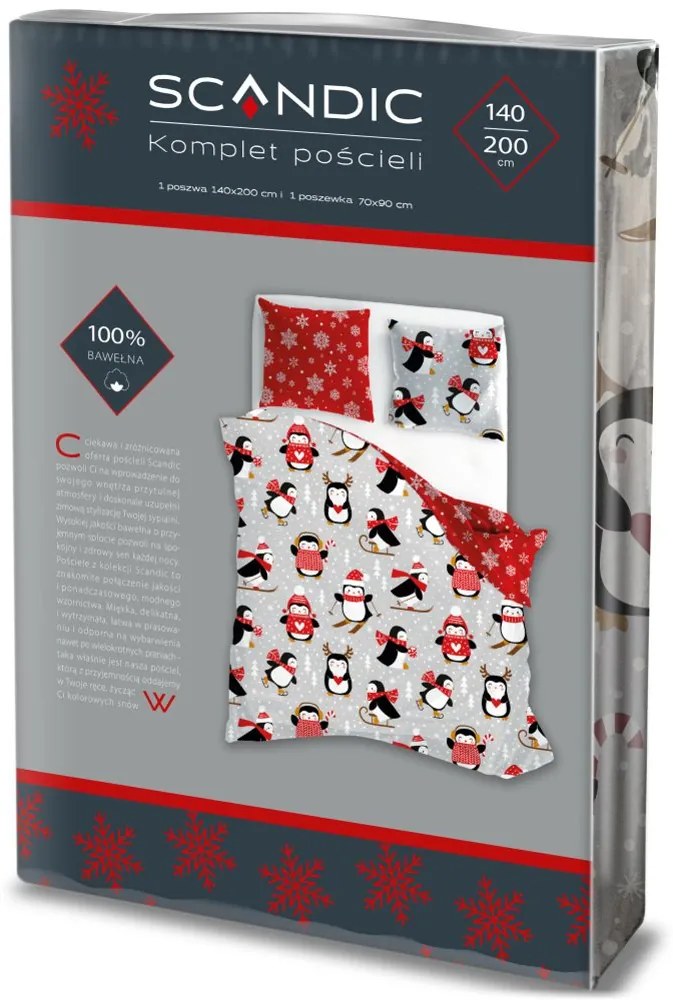 Vianočné bavlnené posteľné obliečky – motív Tučniaky a snehové vločky - 100% bavlna - 70 x 90 cm + 140 x 200 cm