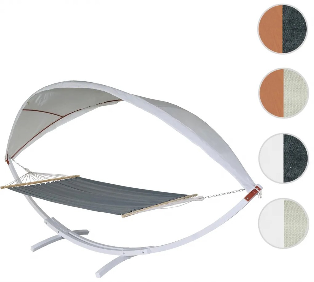 Hojdacia sieť HWC-J47 so strieškou pre 2 osoby, drevo, 420cm - biela, sivá