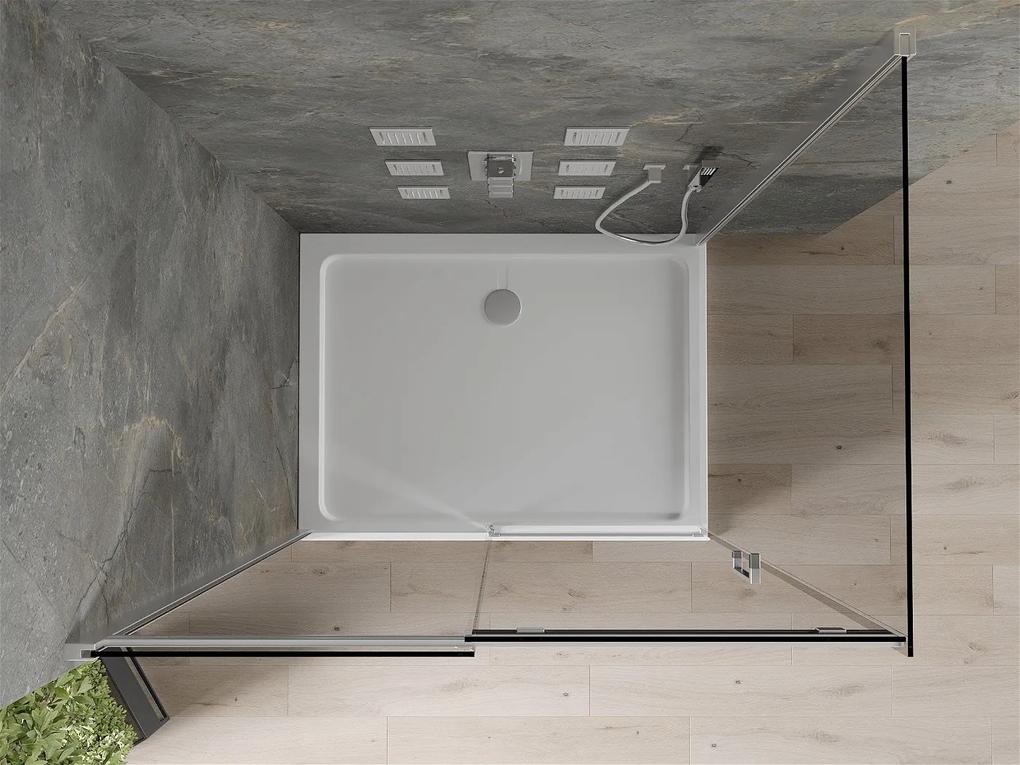 Mexen Omega, sprchový kút s posuvnými dverami 140 (dvere) x 100 (stena) cm, 8mm šedé sklo, chrómový profil + slim sprchová vanička biela + chrómový sifón, 825-140-100-01-40-4010