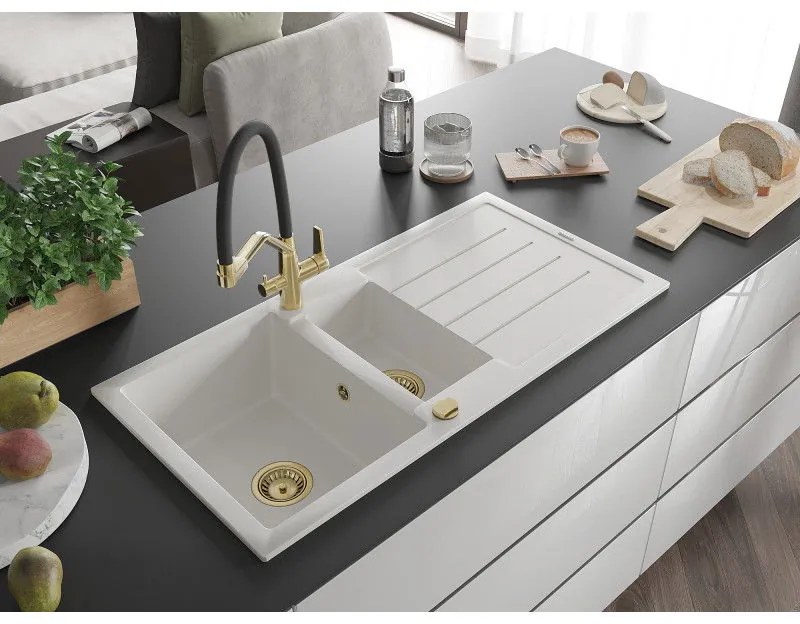 Mexen Andres, granitový drez 1000x500x200 mm, 1,5-komorový a drezová batéria Duo, biela, 6515-20-671701-57-G