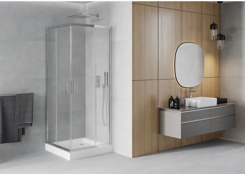 Mexen Rio, štvorcový sprchový kút 80 x 80 cm, 6mm číre sklo, chrómový profil + biela sprchová vanička RIO, 860-080-080-01-00-4510