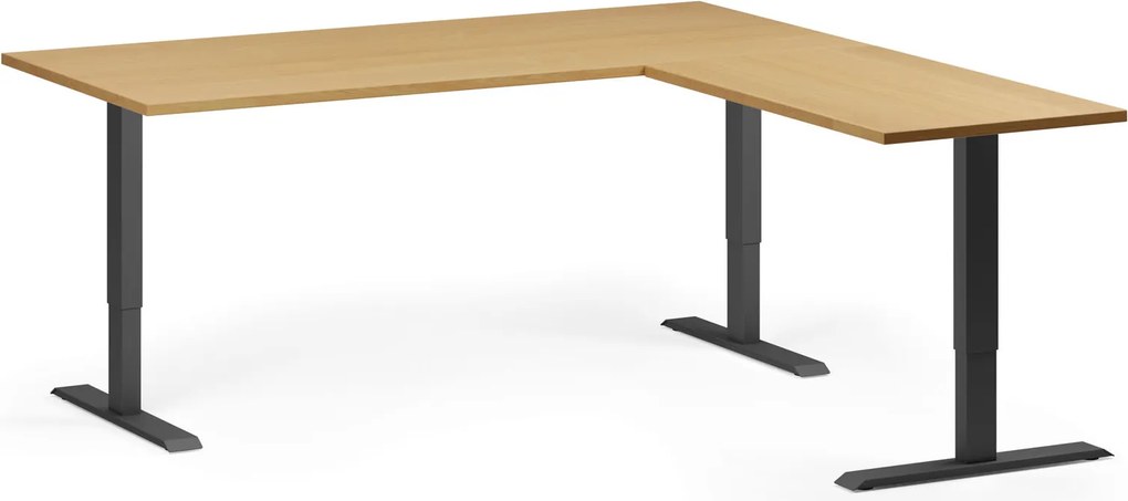 Výškovo nastaviteľný stôl, 180x180 cm, 3 motory, L/P, čierna podnož, buk