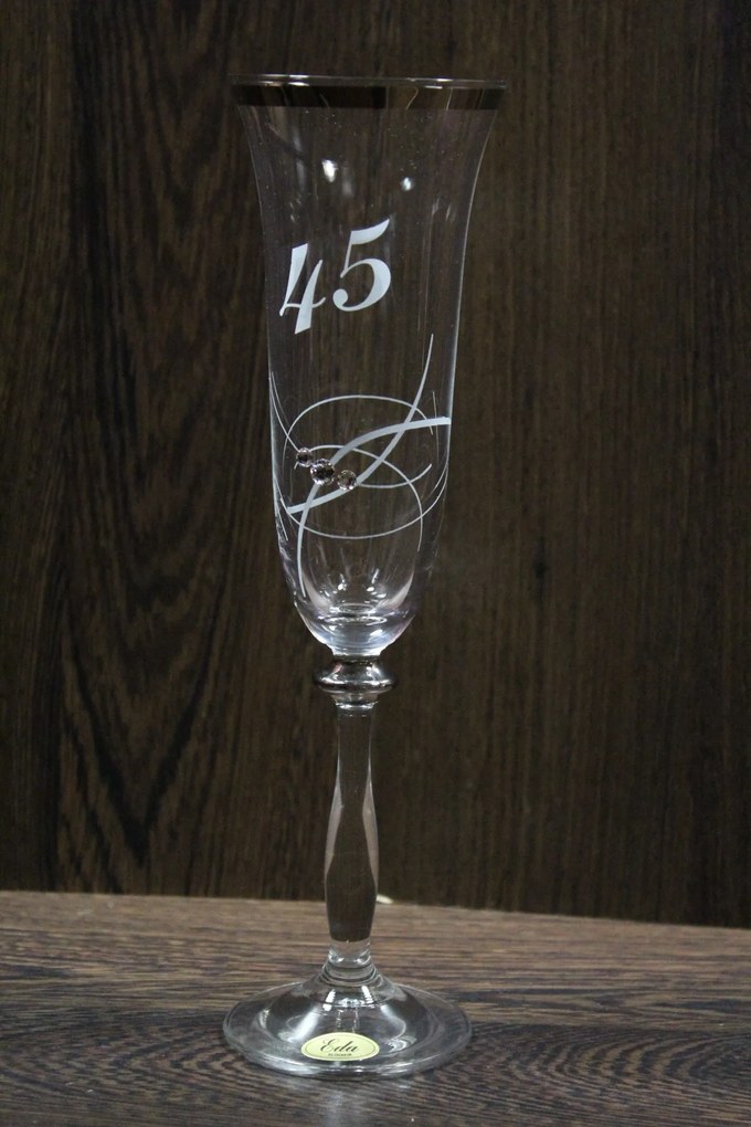 Výročný pohár na 45. narodeniny - ŠAMPANSKÉ so swarovski kryštáľmi a strieborným pásom