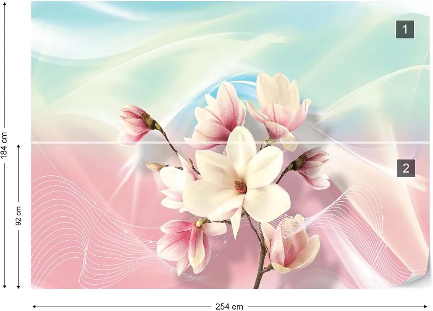 GLIX Fototapeta - Magnolia Flowers Modern Background Green Pink Vliesová tapeta  - 254x184 cm