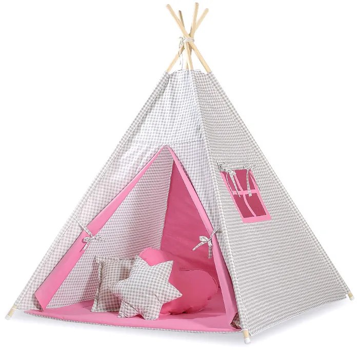 Bobono Stan Teepee pre deti + ozdobné perie - Šedá kockovaná - ružová