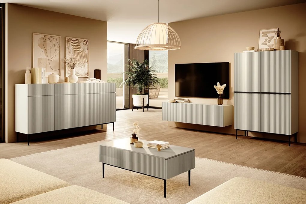 Komoda Nicole 200 cm so štyrmi dverami a zásuvkami s ryhovaným čelom - kasmír / čierne nožičky