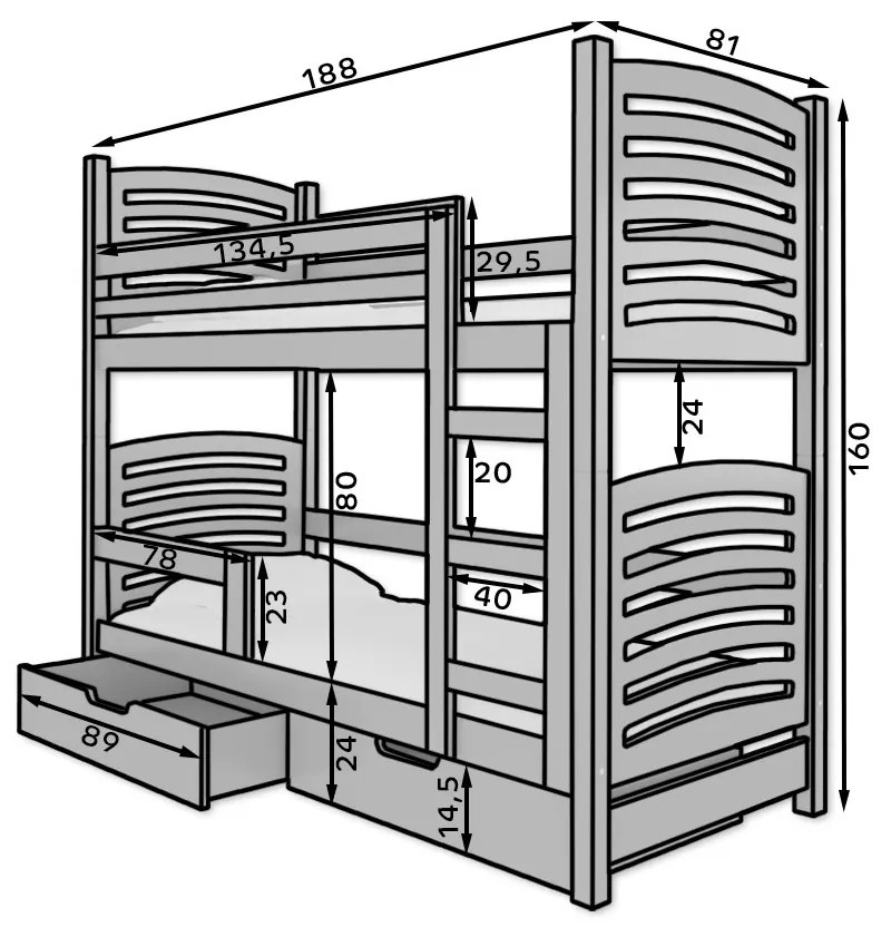 Poschodová detská posteľ 180x75 cm. Akcia -16%. Vlastná spoľahlivá doprava až k Vám domov. 1052121