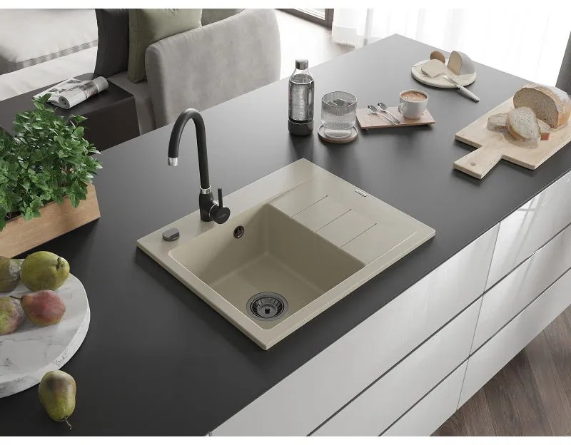 Mexen Ben, 1-komorový granitový drez 600x500x190 mm, ľavý + čierny sifón, béžová, 6522605000-69-B