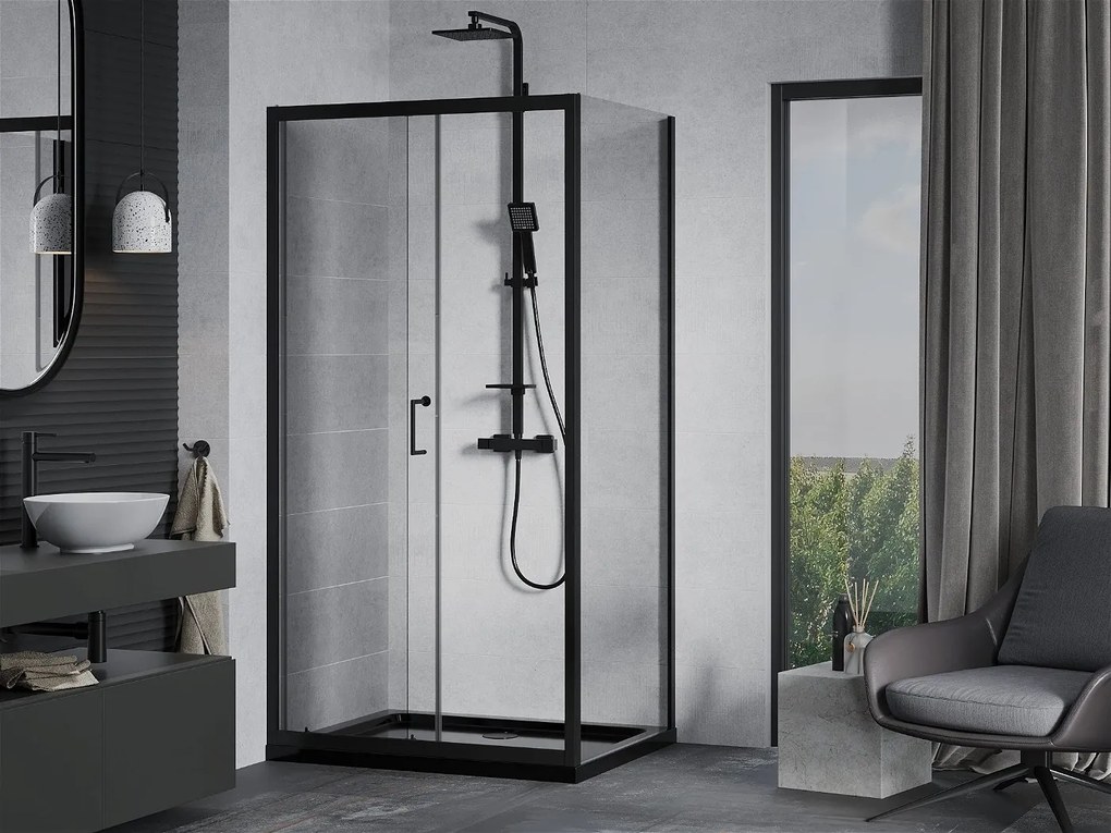 Mexen Apia sprchovací kút s posuvnými dverami 140 (dvere) x 100 (stena) cm, 5mm číre sklo, čierny profil + čierna sprchová vanička s čiernym sifónom, 840-140-100-70-00-4070B
