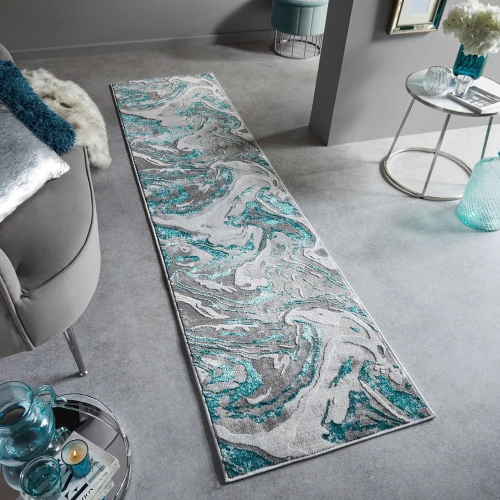 Sivo-tyrkysový behúň 80x300 cm Marbled – Flair Rugs