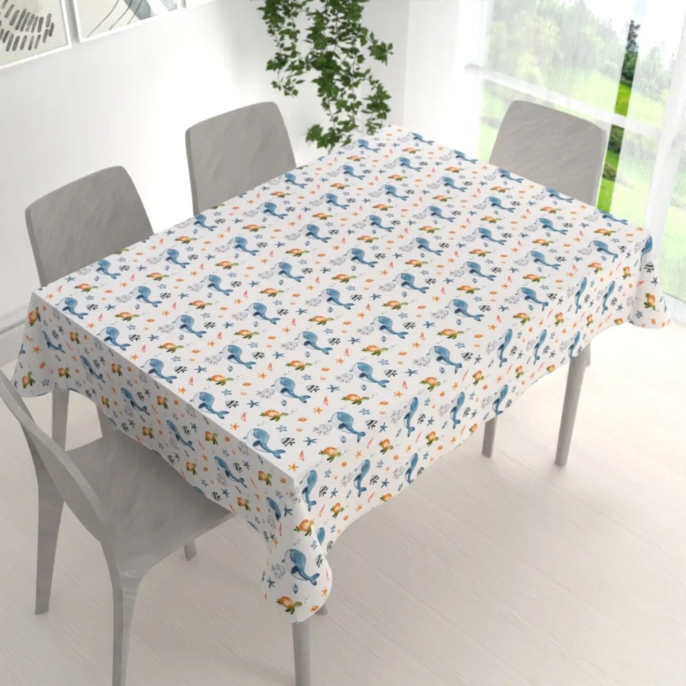 Biante Detský bavlnený obdĺžnikový obrus Sandra SA-660 Modré veľryby a morské zvieratká na bielom 100x140 cm